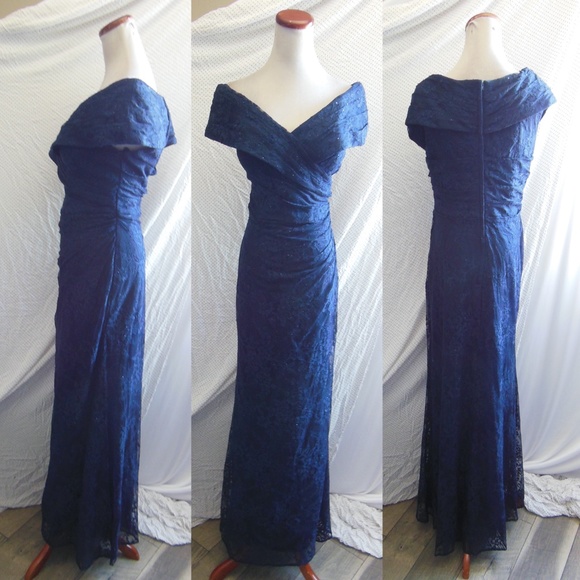 NEW LA FEMME Navy PORTRAIT NECK Ruched Waist SPARKLE LACE Trumpet EVENING GOWN 8 - Picture 5 of 16